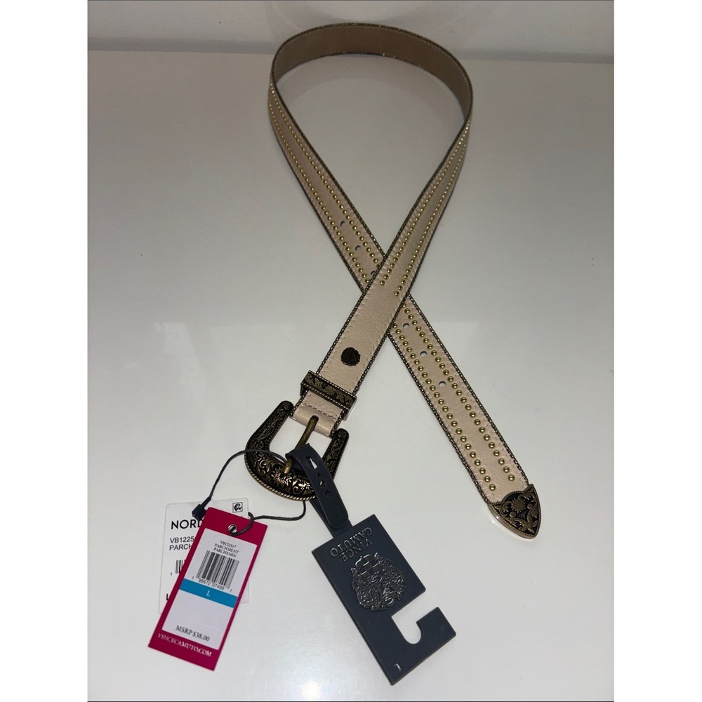 Vince Camuto Womens Studded Western Belt Parchment Beige Gold Buckle Size L NEW - Picture 2 of 5